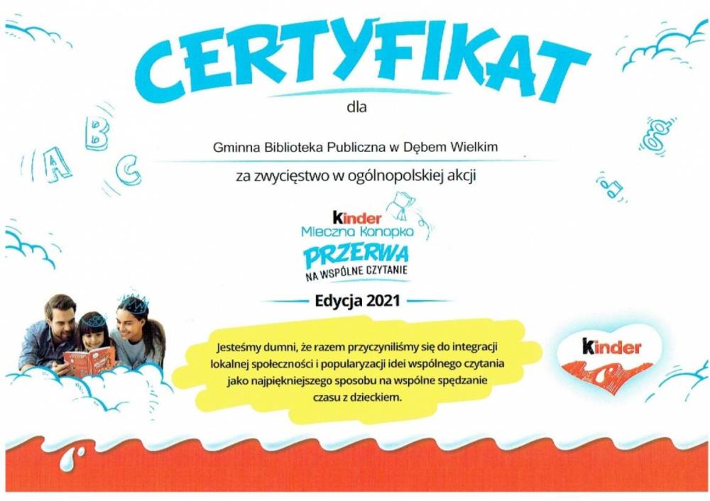 Certyfikat za zwycięstwo w Ogólnopolskiej Akcji Przerwa na Wspólne Czytanie edycja 2021 
