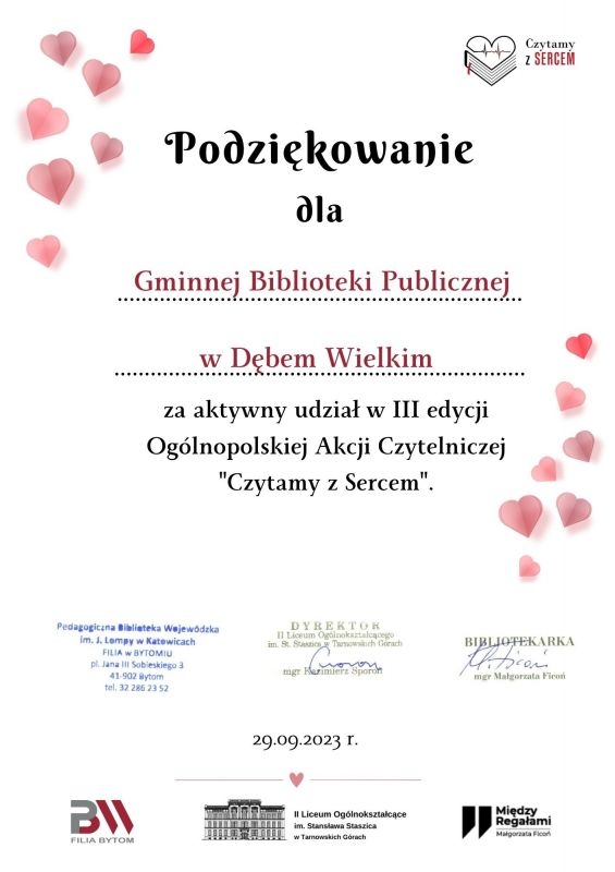 Podziękowanie - III edycja Ogólnopolskiej Akcji Czytelniczej "Czytamy z Sercem"