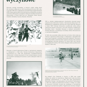 Plansza przedstawia wystawę o nazwie Tatrzańska Niepodległa w treści opisujące zimowe sporty wyczynowe