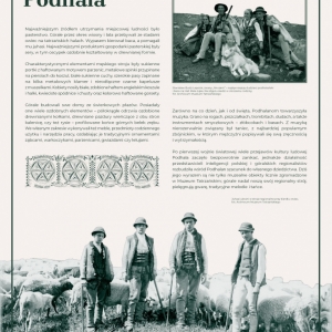 Plansza przedstawia wystawę o nazwie Tatrzańska Niepodległa w treści opisującą kulturę  ludową Podhala