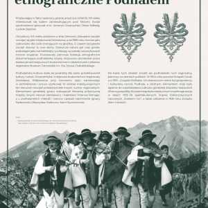 Plansza przedstawia wystawę o nazwie Tatrzańska Niepodległa w treści opisujące zainteresowanie etnograficzne Podhalem