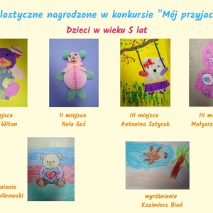 Zdjęcie przedstawia prace dzieci biorących udział w konkursie „Mój przyjaciel Miś” w kategorii 5 – latków.