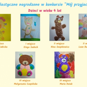 Zdjęcie przedstawia prace dzieci biorących udział w konkursie „Mój przyjaciel Miś” w kategorii 4 – latków.