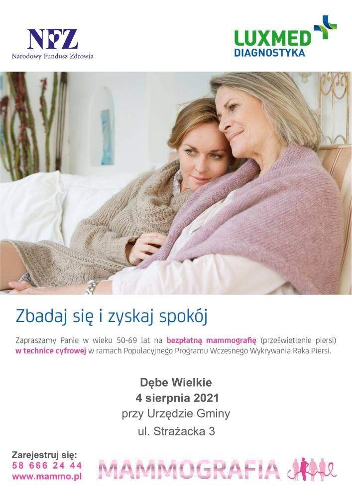 Plakat informuje o bezplatnej mammografii dla kobiet w dniu 4 siepnia 2021 roku