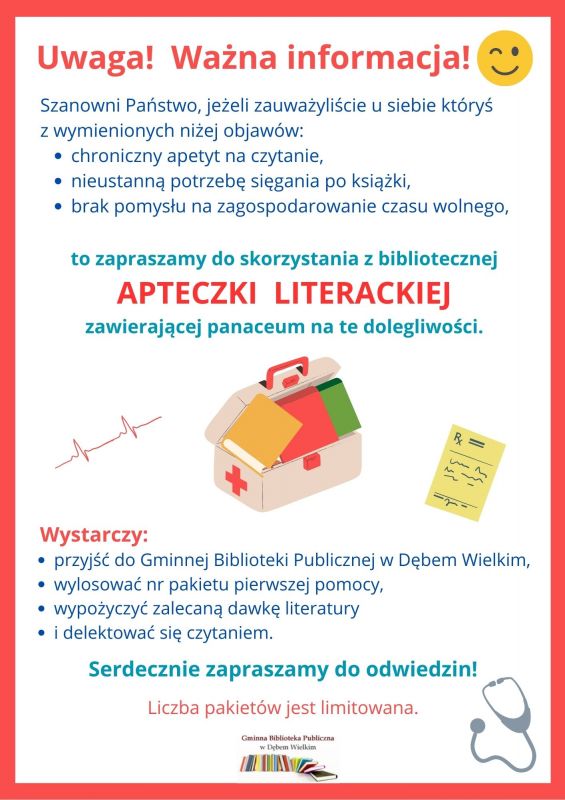 Plakat informujący o akcji Apteczka literacka