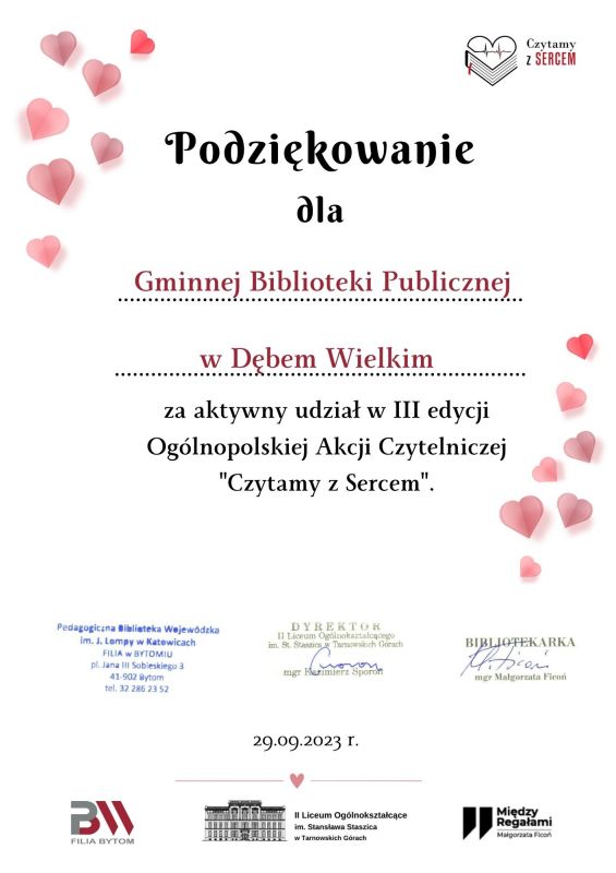 Podziękowanie dla Gminnej Biblioteki Publicznej w Dębem Wielkim  za udział Ogólnopolskiej Akcji Czytelniczej „Czytamy z Sercem”